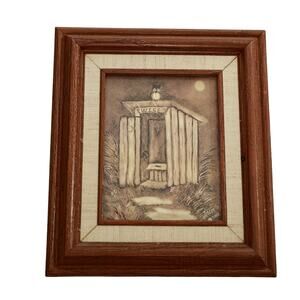 Vintage Primitive Print Hardboard Oak Frame Alice Shamblin NC‎ Wise Owl Outhouse